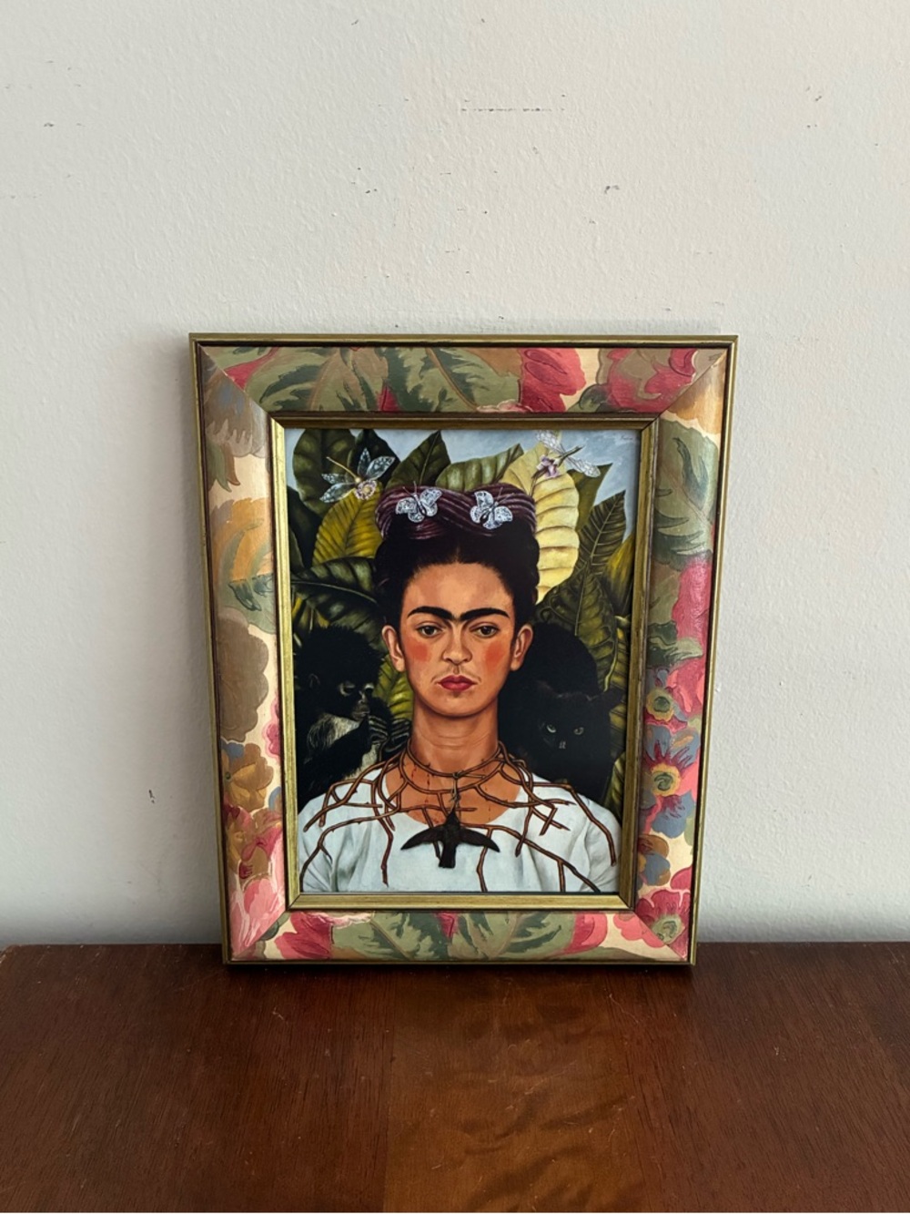 Frida Kahlo Self Portrait Framed Print 7x9 Thorn Necklace Hummingbird Floral Art